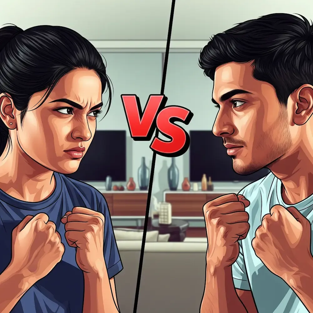 Indian couple in playful competition mode, both looking at their phones